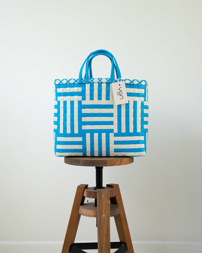 Abstract Blue Woven Upcycled Basket | Shopper Bag | Beach Basket - YGN Collective