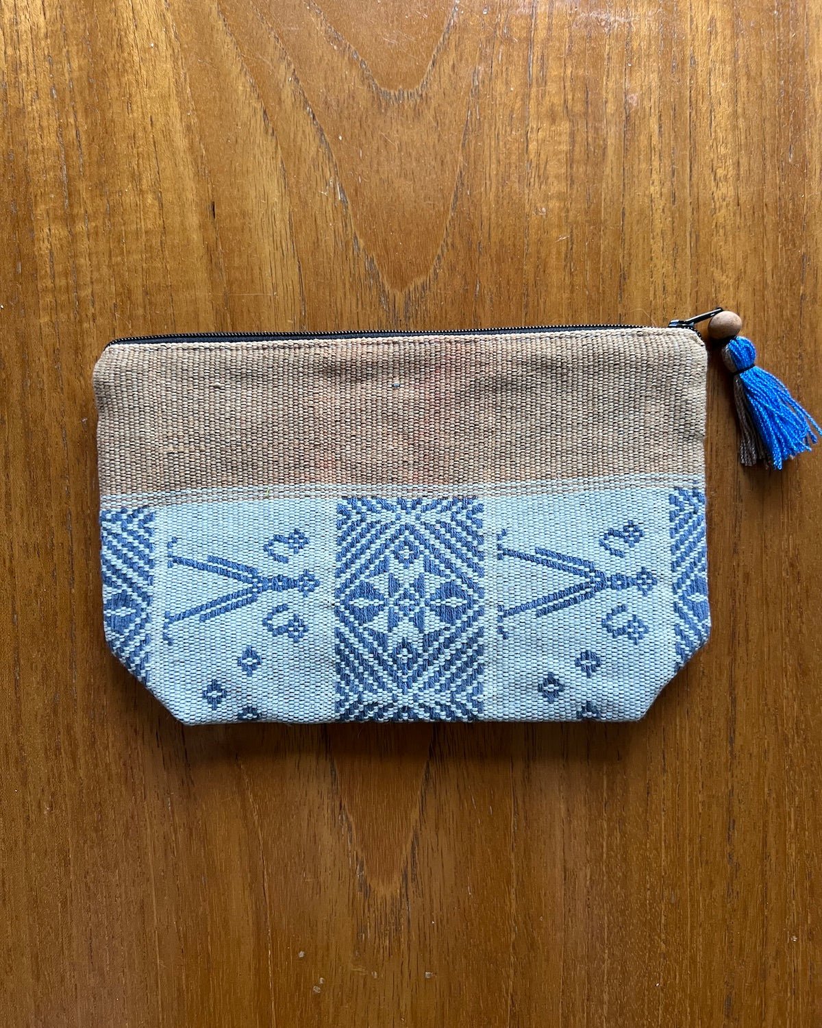 Makeup Bag, Zip Purse in Blue & Cream with Tassel | Chin Textile Purse with Tassel - YGN Collective