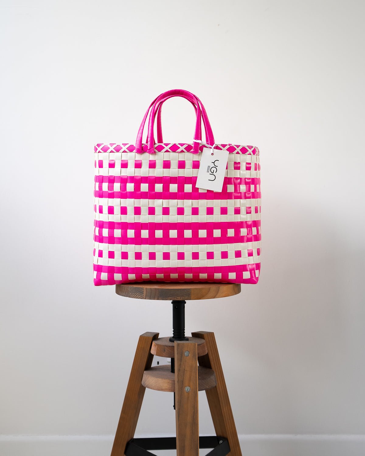 Pink Dot Woven Upcycled Basket | Shopper Bag | Beach Basket - YGN Collective