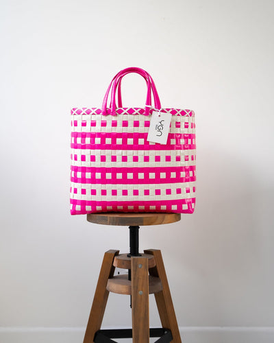 Pink Dot Woven Upcycled Basket | Shopper Bag | Beach Basket - YGN Collective