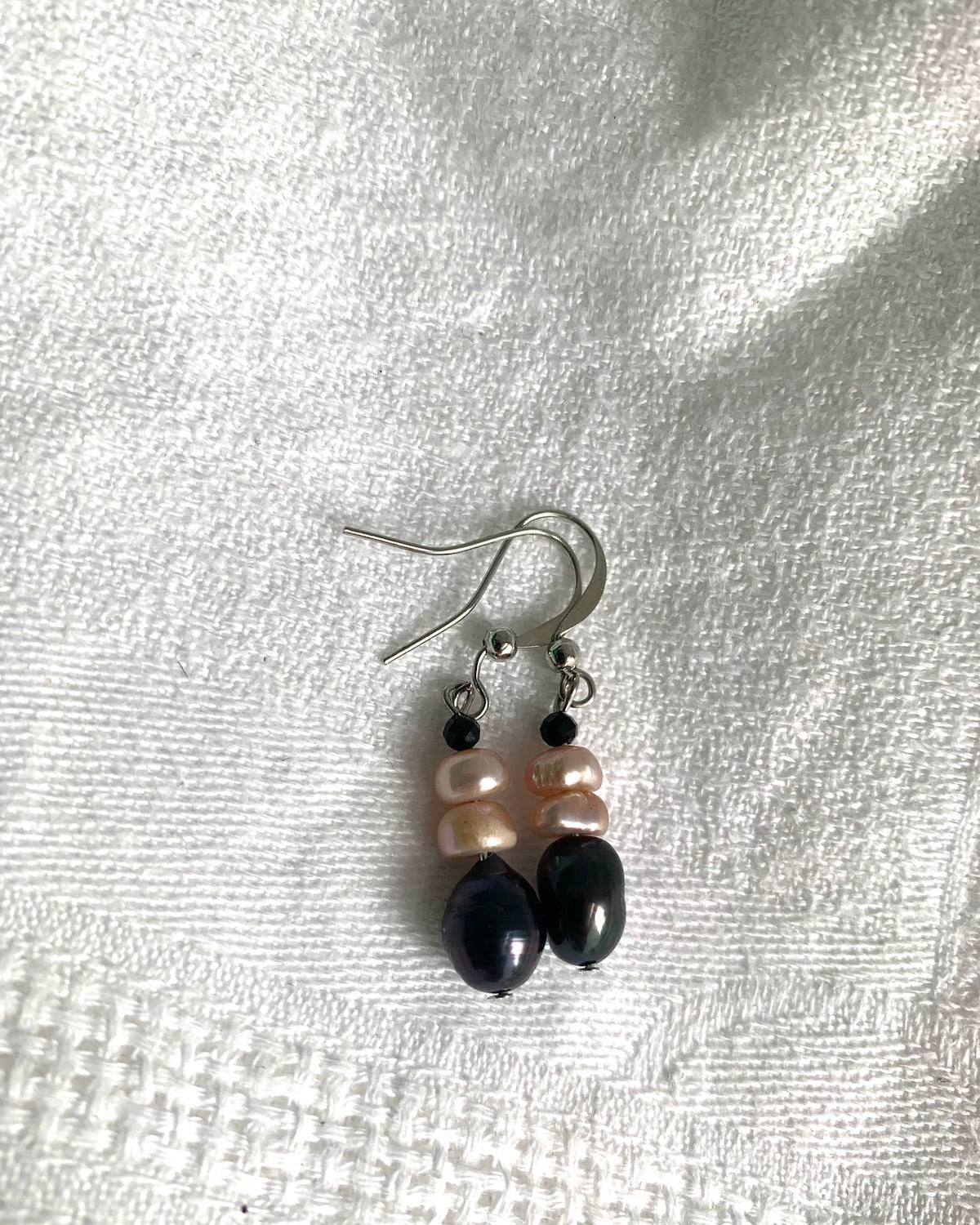 Black Pearl and Pale Pink Freshwater Pearl Drop Earrings