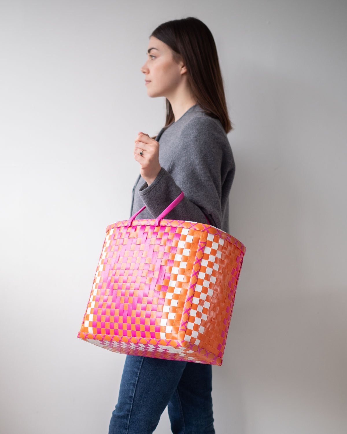 Orange Diamond Design Woven Tote Summer Bag, Handmade Baskets